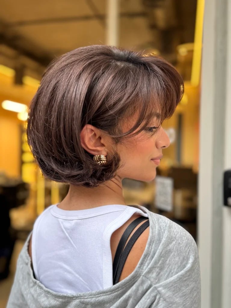 Medium Brown Bixie Bob With Side Swept Bangs — Bixie Haircut