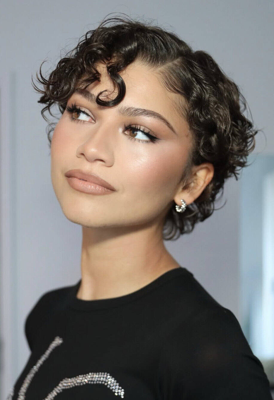 Dark Brown Bixie With Curtain Bangs and Curls — Bixie Haircut