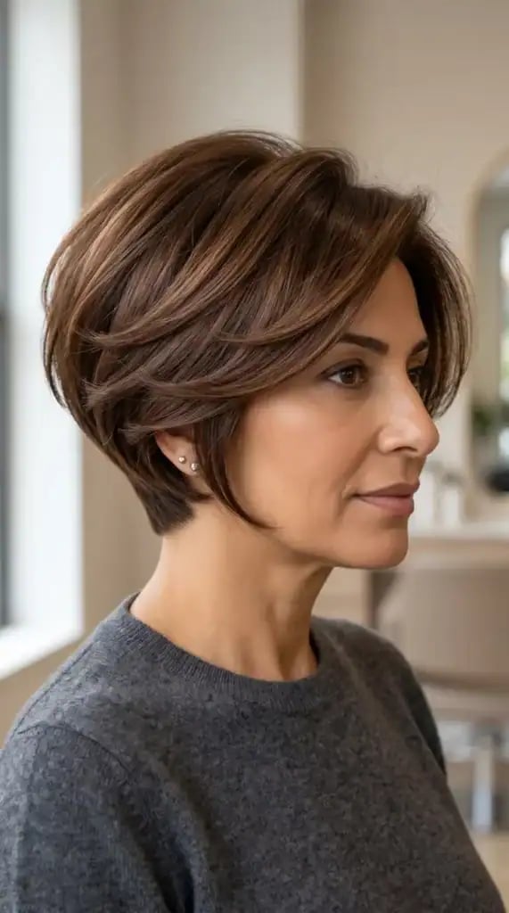 Layered Bixie Bob With Side Swept Bangs — Bixie Haircut