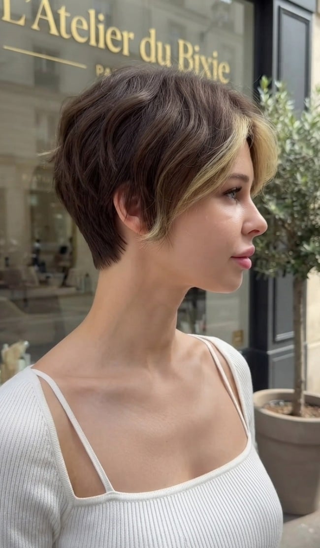 Chocolate Bixie With Blonde Money Piece — Bixie Haircut