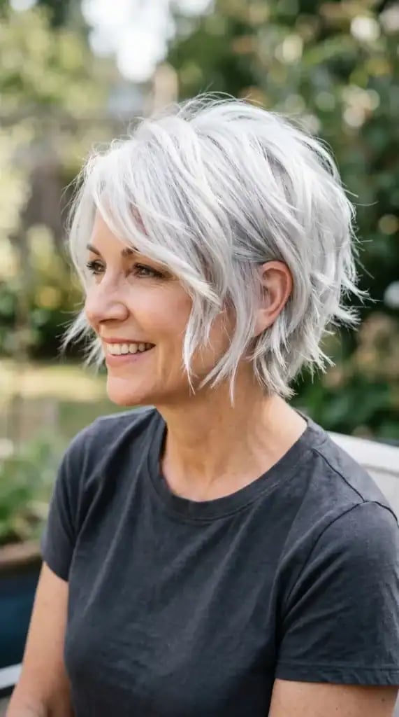 Silver Gray Bixie Shag With Wispy Bangs — Bixie Haircut