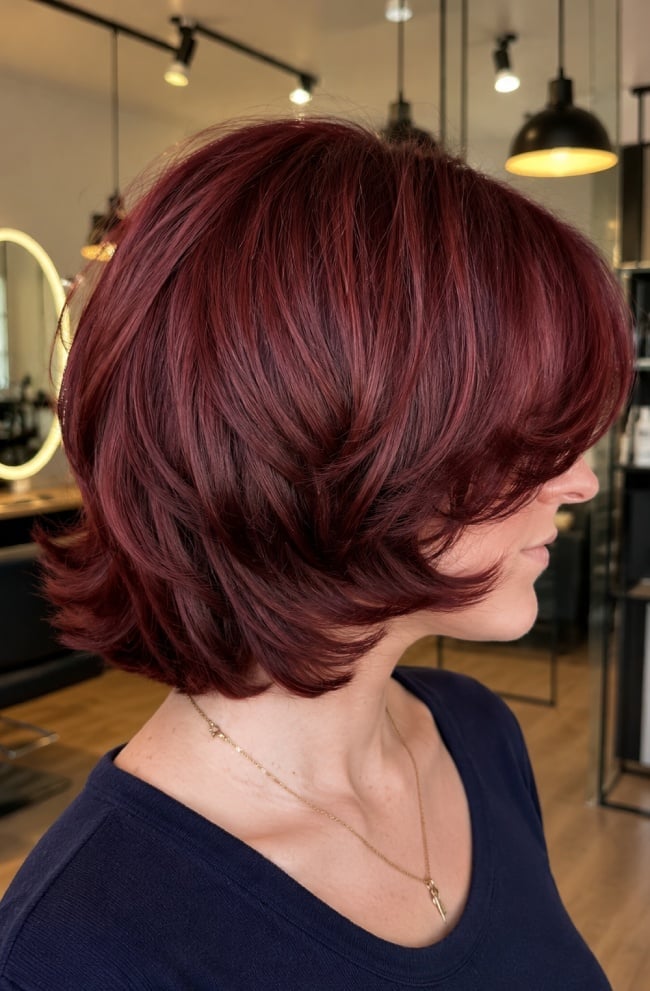 Chin Length Feathered Bob, Black Cherry Burgundy Chin Length Feathered Bob, Black Cherry Burgundy — Black Cherry Hair