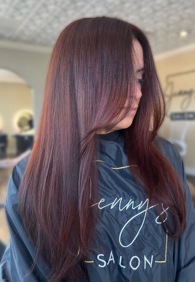 Mid-Back Straight Hair With Face-Framing Layers, Close-Up Take Mid-Back Straight Hair With Face-Framing Layers, Close-Up Take — Black Cherry Hair