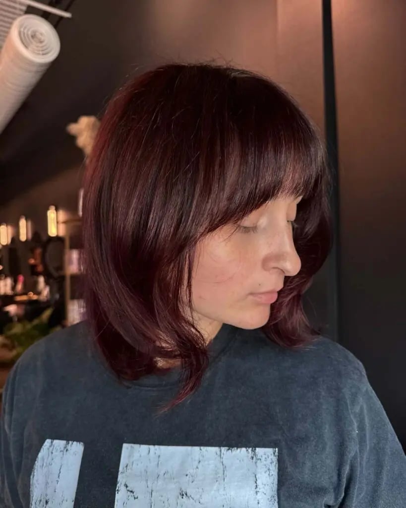 Collarbone Shag With Curtain Bangs, Air Dried Collarbone Shag With Curtain Bangs, Air Dried — Black Cherry Hair