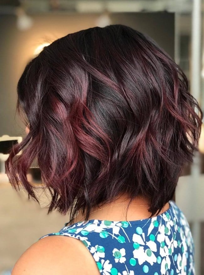 Textured Chin Bob With Burgundy Highlights Textured Chin Bob With Burgundy Highlights — Black Cherry Hair