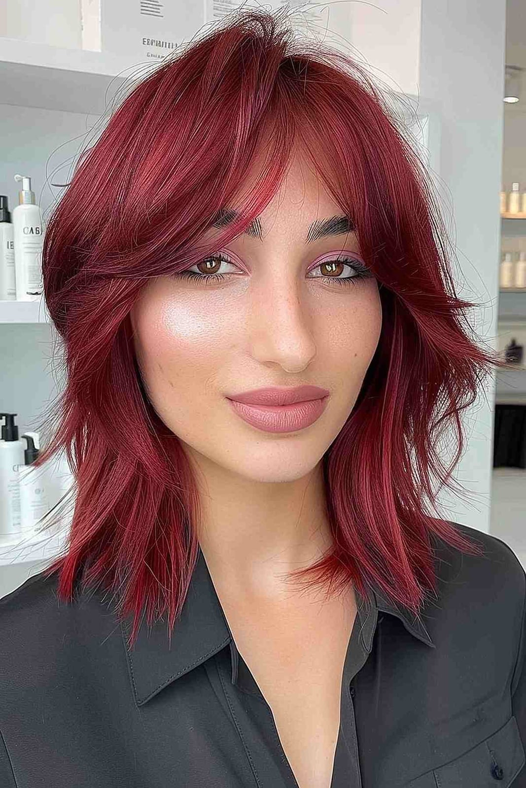 Collarbone Shag With Curtain Bangs Collarbone Shag With Curtain Bangs — Black Cherry Hair