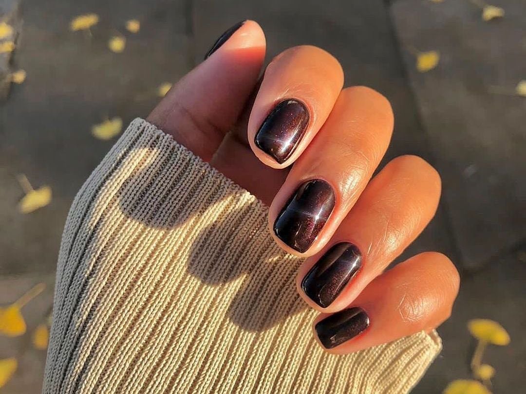 Short Square Deep Brown Red Shimmer Glossy Nails, Catching The Warm — Black Cherry Nails