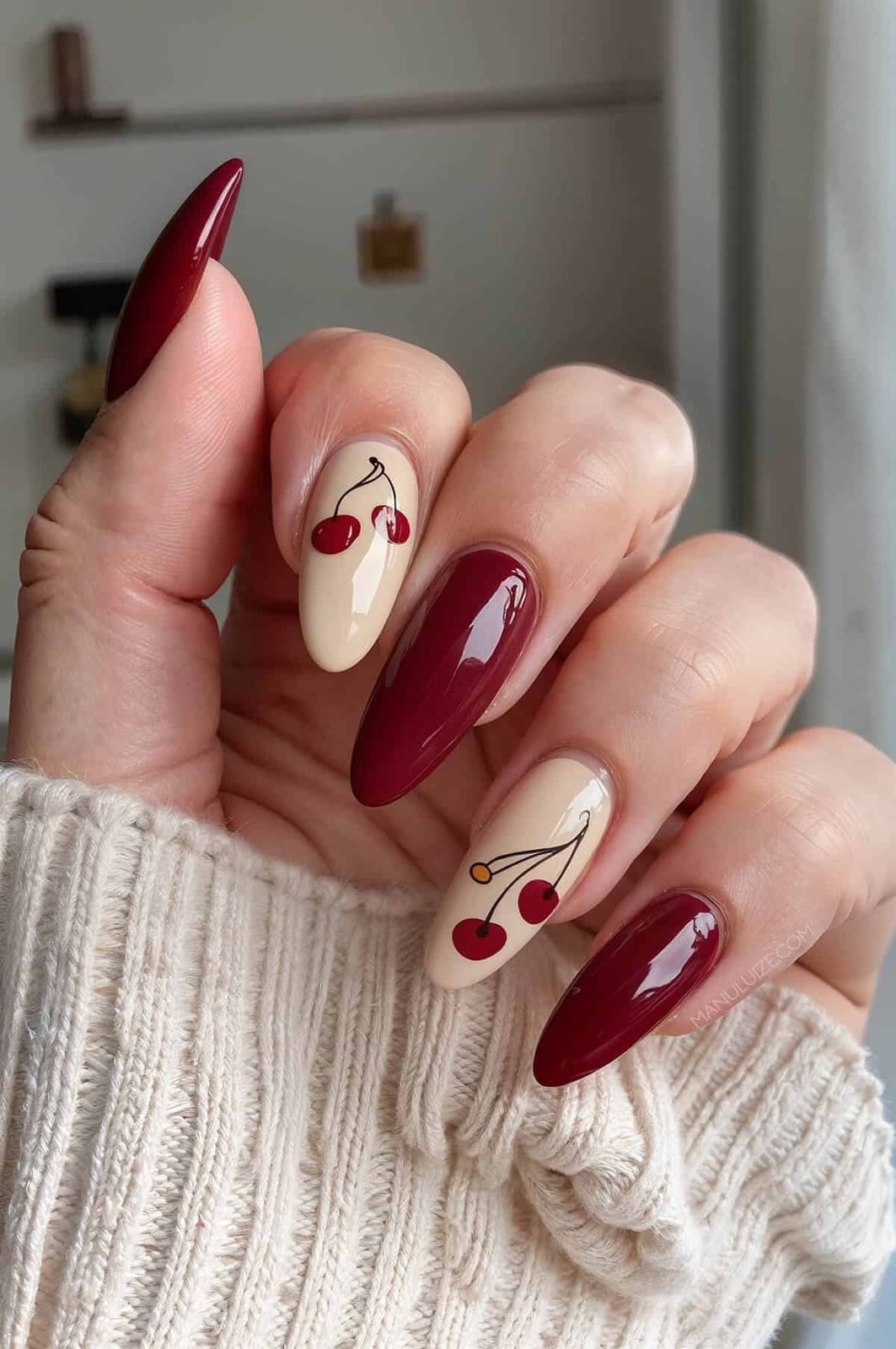 Medium Almond Cherry Motif Glossy Nails — Black Cherry Nails