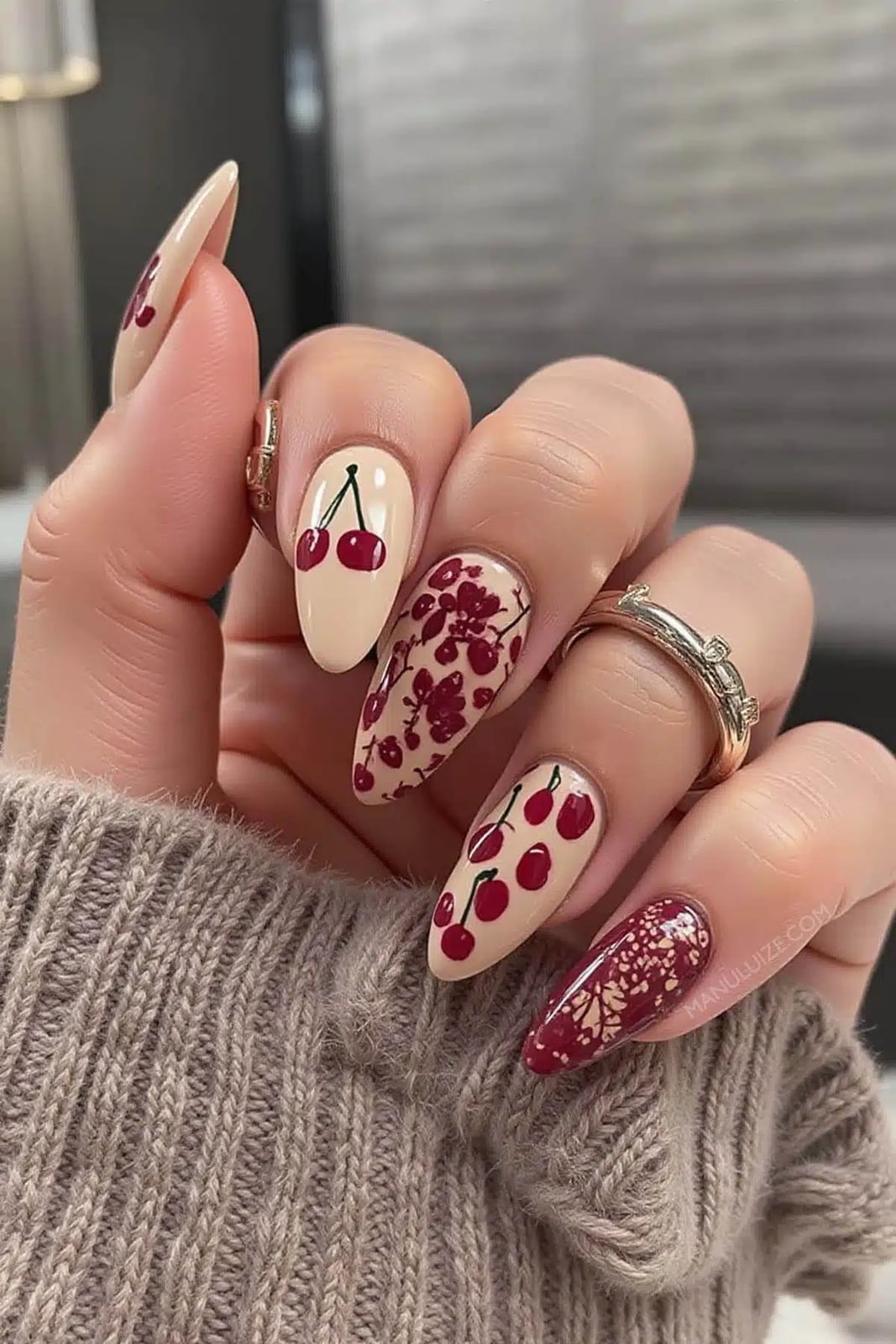 Medium Almond Cherry Lace Pattern Glossy Nails — Black Cherry Nails