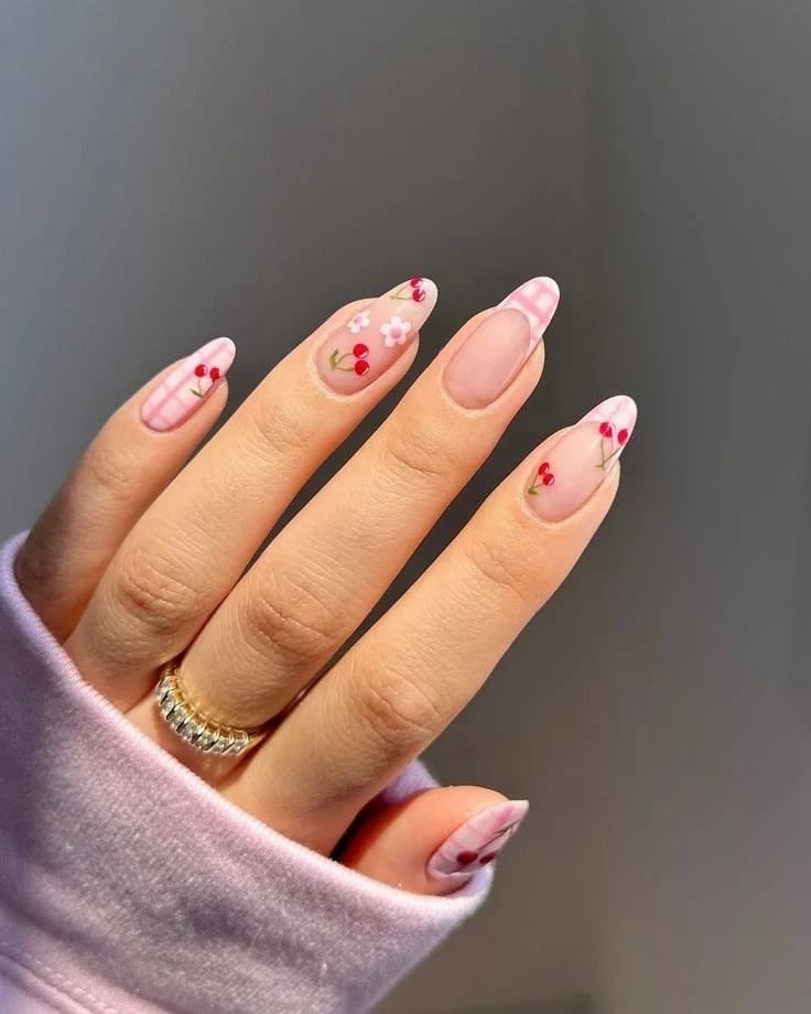 Medium Almond Cherry Plaid French Tip Glossy Nails — Black Cherry Nails