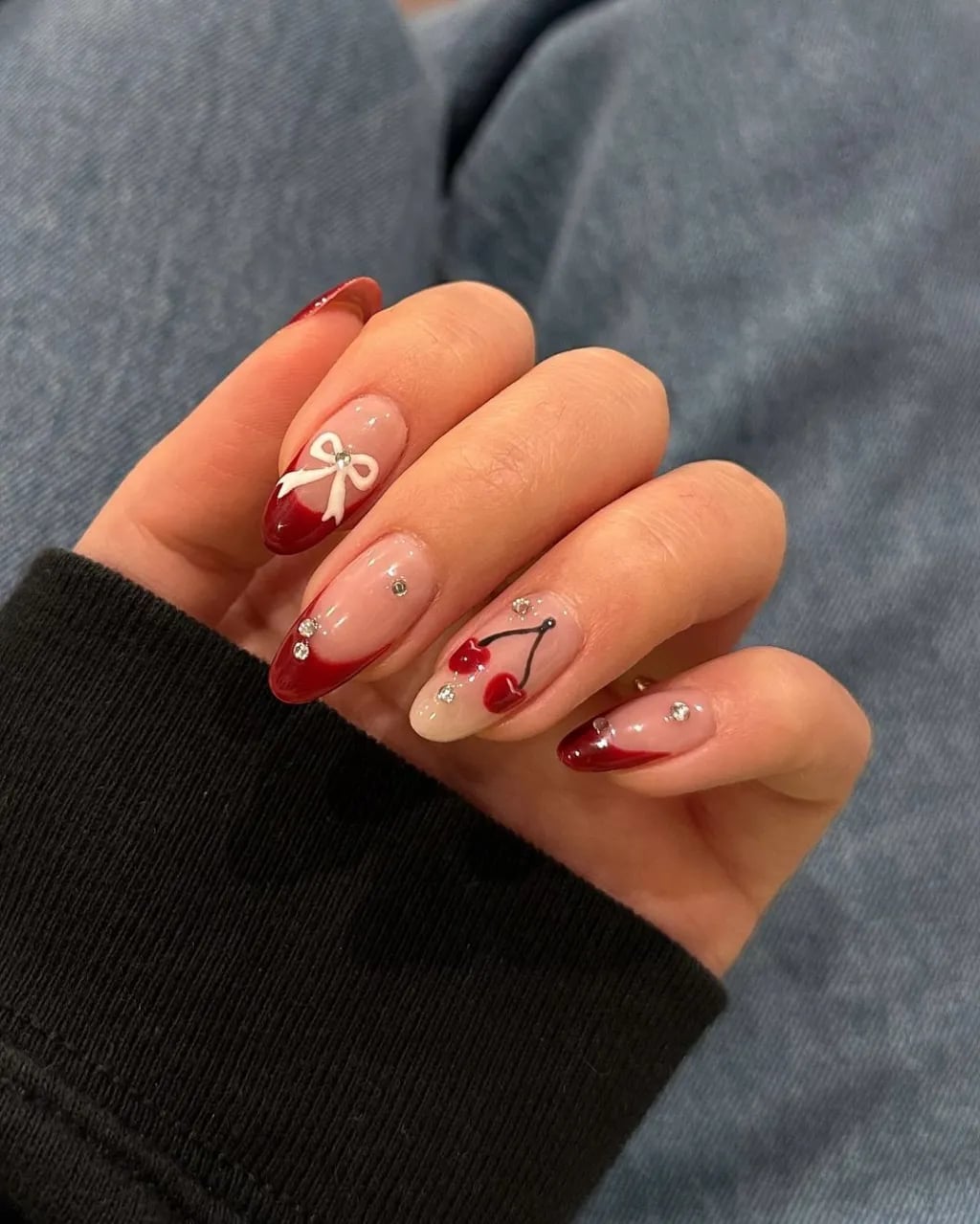 Medium Almond Red French Tip Bow Rhinestone Nails — Black Cherry Nails