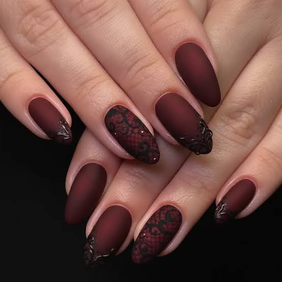 Medium Almond Deep Burgundy Matte Lace Pattern Nails — Black Cherry Nails