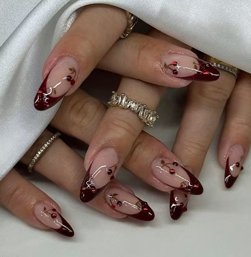 Long Stiletto Red Cherry Charm French Tip Nails — Black Cherry Nails