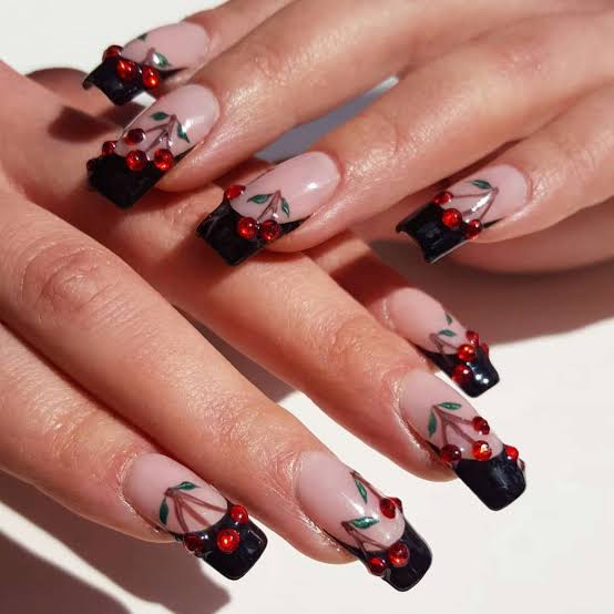 Medium Coffin Black Tip 3D Cherry Charm Nails — Black Cherry Nails