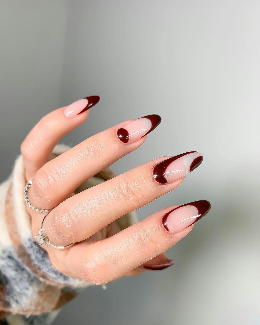 Medium-Long Coffin Plum Cherry Glossy Nails, Close-Up Take — Black Cherry Nails