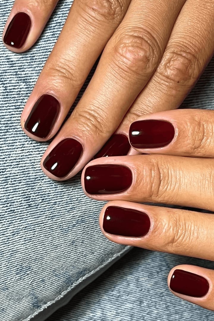 Short Square Deep Rich Cherry Red Glossy Nails — Black Cherry Nails