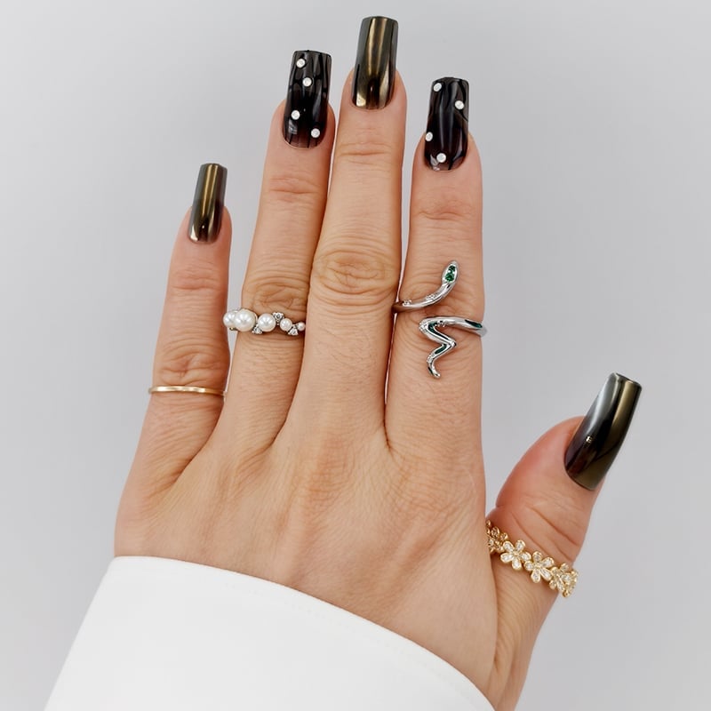 Long Square Black Chrome with White Dots Long Square Black Chrome with White Dots — Black Chrome Nails