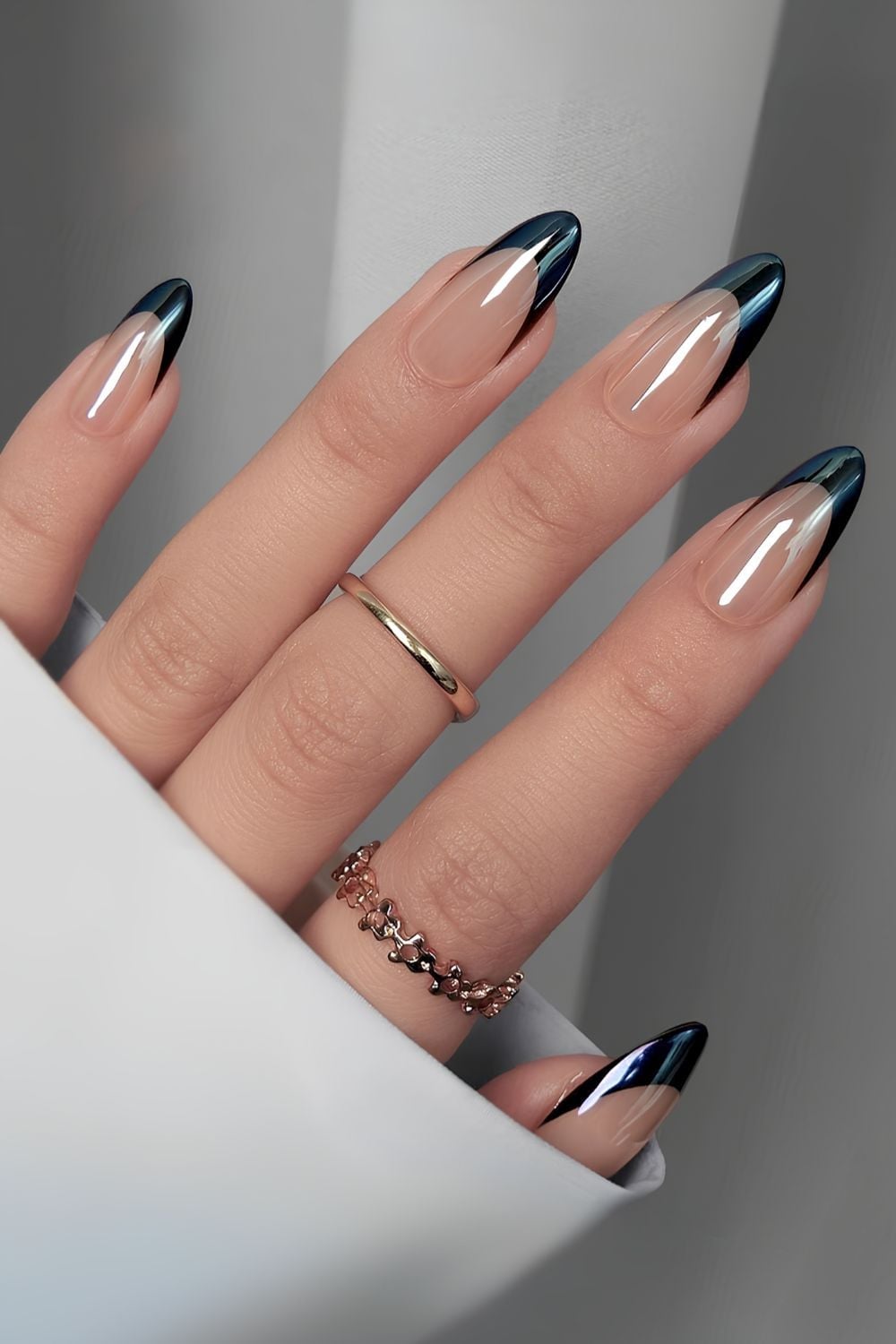 Long Almond Black Chrome French Tips Long Almond Black Chrome French Tips — Black Chrome Nails