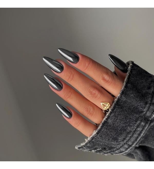 Long Almond Deep Gray Chrome Nails Long Almond Deep Gray Chrome Nails — Black Chrome Nails
