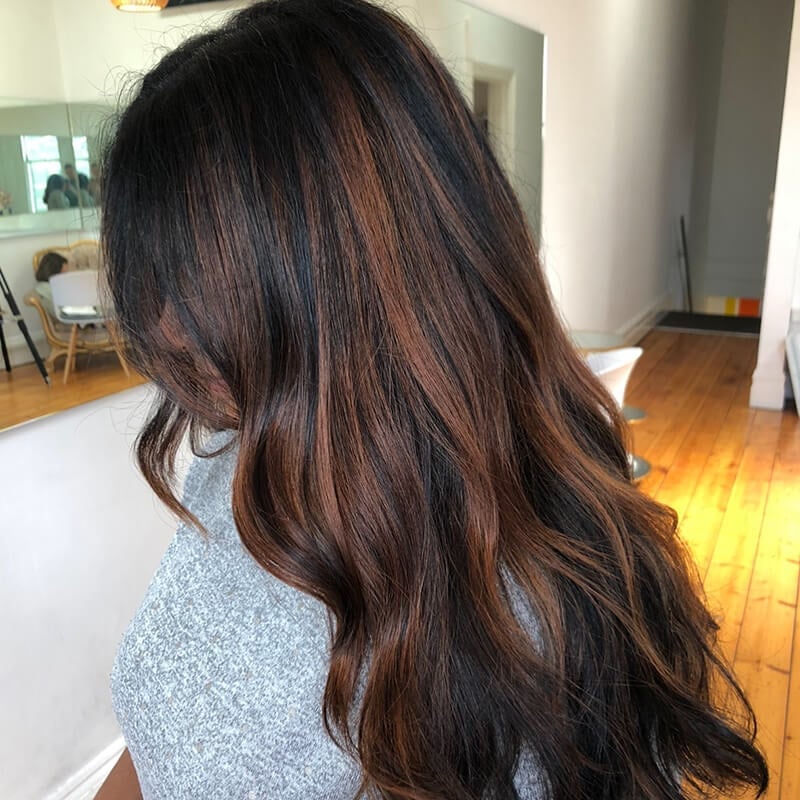 Collarbone Black With Dark Brown Balayage Wavy Blowout Collarbone Black With Dark Brown Balayage Wavy Blowout — Black Hair Balayage