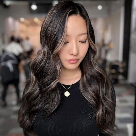 Collarbone Length Black With Ash Blonde Balayage Collarbone Length Black With Ash Blonde Balayage — Black Hair Balayage