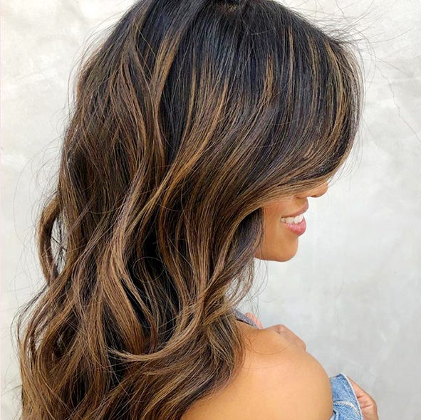Mid-Back Dark Brown With Caramel Balayage Side Part, Wavy Mid-Back Dark Brown With Caramel Balayage Side Part, Wavy — Black Hair Balayage