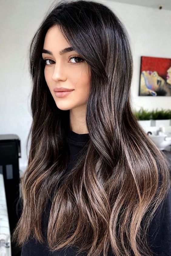 Long Black With Soft Brown Balayage Waves Long Black With Soft Brown Balayage Waves — Black Hair Balayage