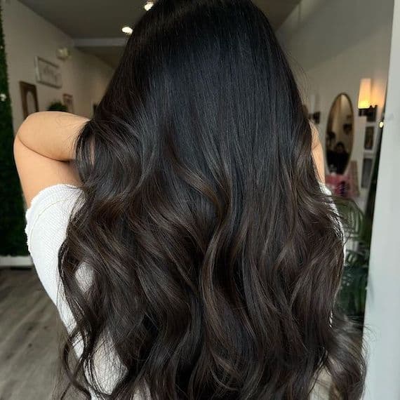 Mid-Back Black With Dark Brown Balayage Soft Dimension Mid-Back Black With Dark Brown Balayage Soft Dimension — Black Hair Balayage