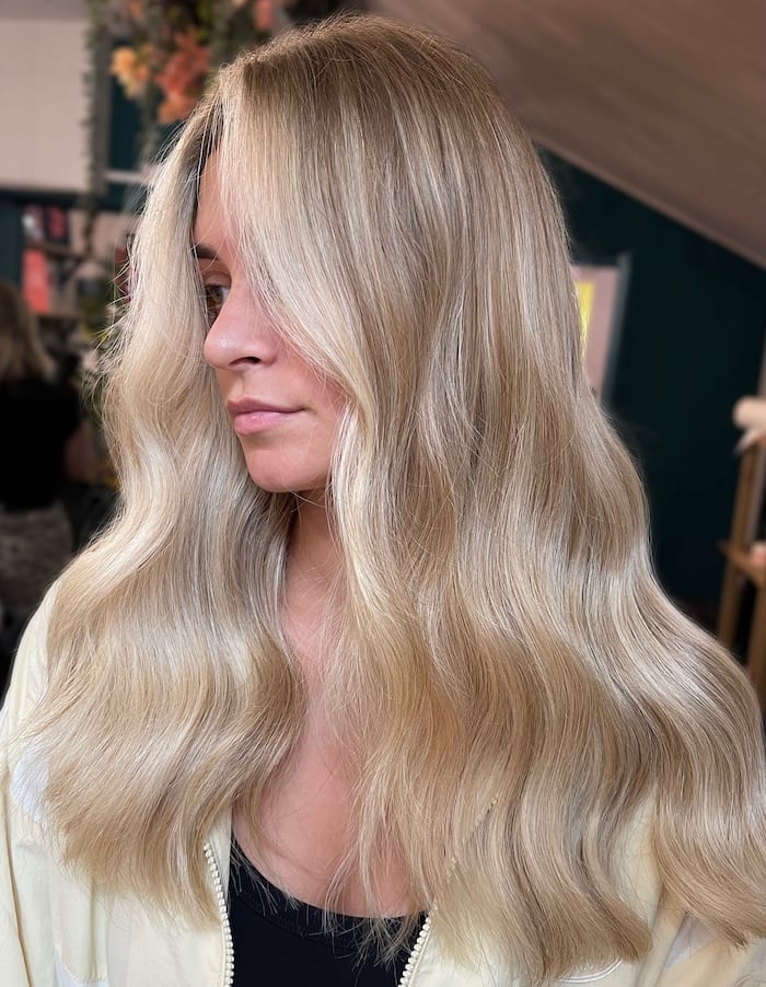 Mid-Back Butter Blonde Balayage With Loose Waves, Office-Safe Version Mid-Back Butter Blonde Balayage With Loose Waves, Office-Safe Version