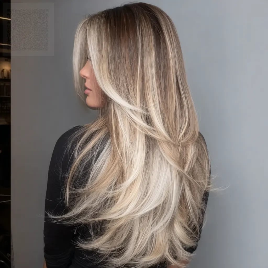 Long Layered Dark to Platinum Blonde Balayage Long Layered Dark to Platinum Blonde Balayage