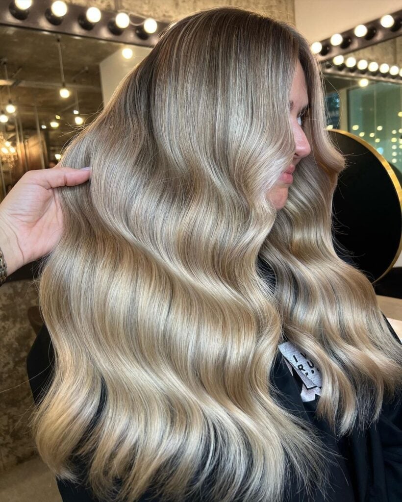 Mid-Back Ash Blonde Balayage With Voluminous Waves, Layers Mid-Back Ash Blonde Balayage With Voluminous Waves, Layers