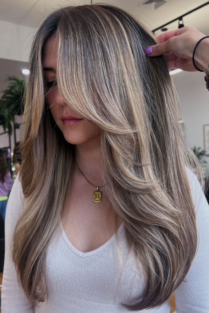 Mid-Back Ash Brown With Blonde Highlights, Curtain Bangs Mid-Back Ash Brown With Blonde Highlights, Curtain Bangs — Blonde with Highlights Hair