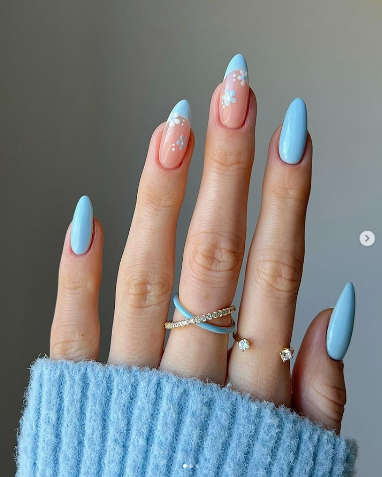 Baby Blue Glossy Almond Nails with Floral Art — Blue Nails