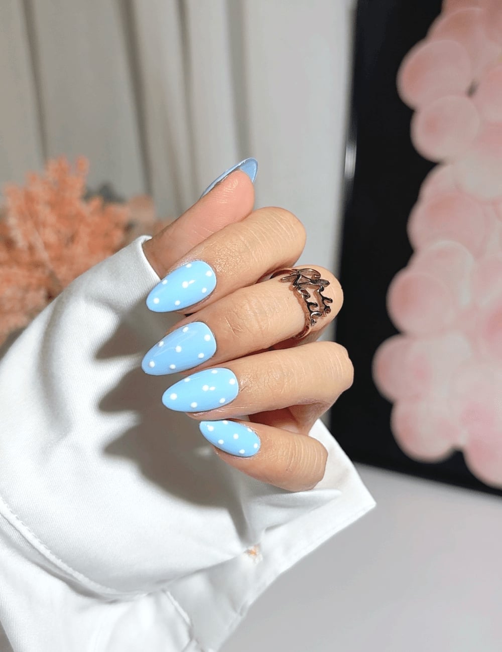 Light Blue Glossy Almond Nails with White Polka Dots — Blue Nails