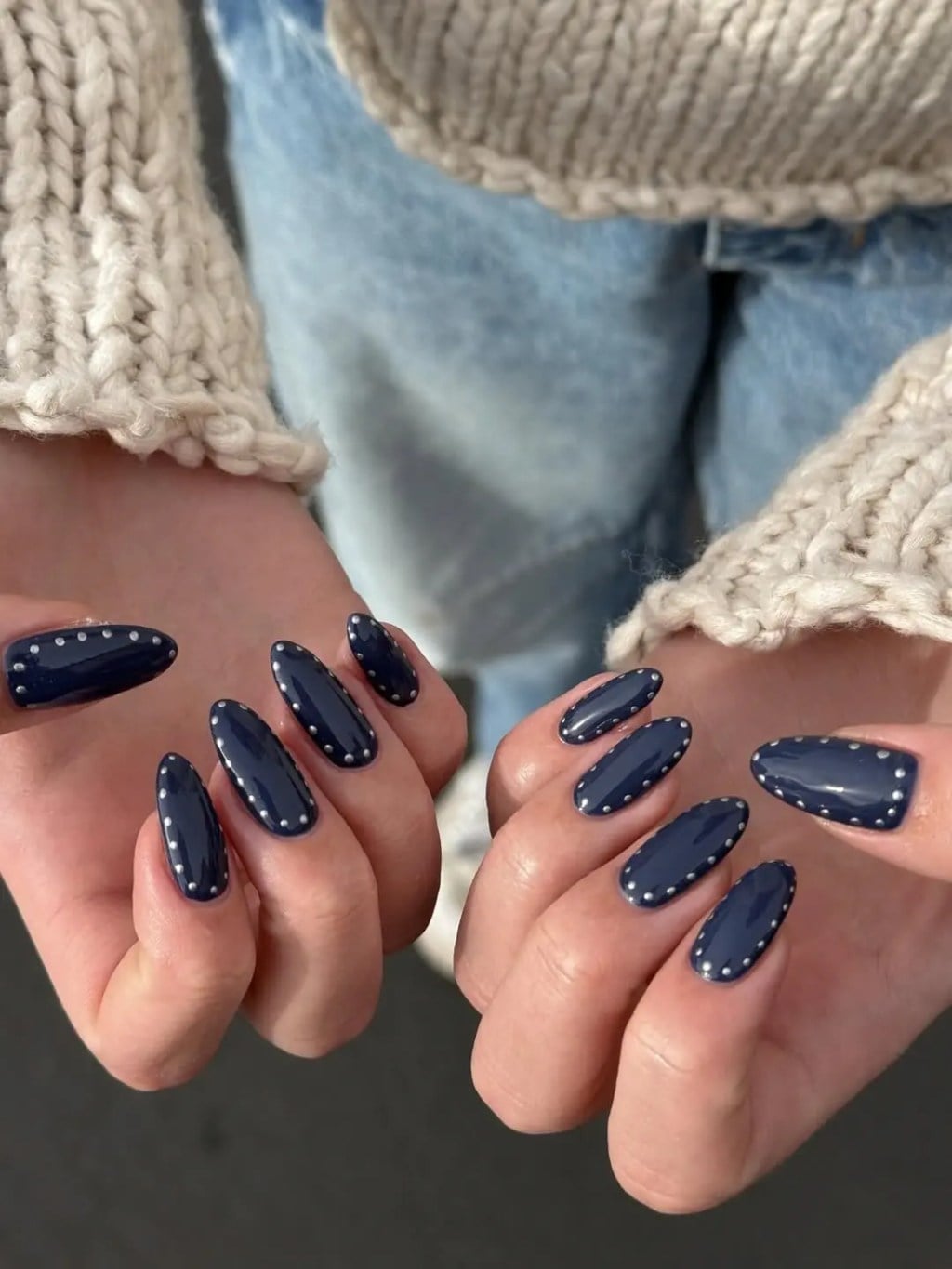 Dark Blue Glossy Almond Nails with Cuticle Studs — Blue Nails