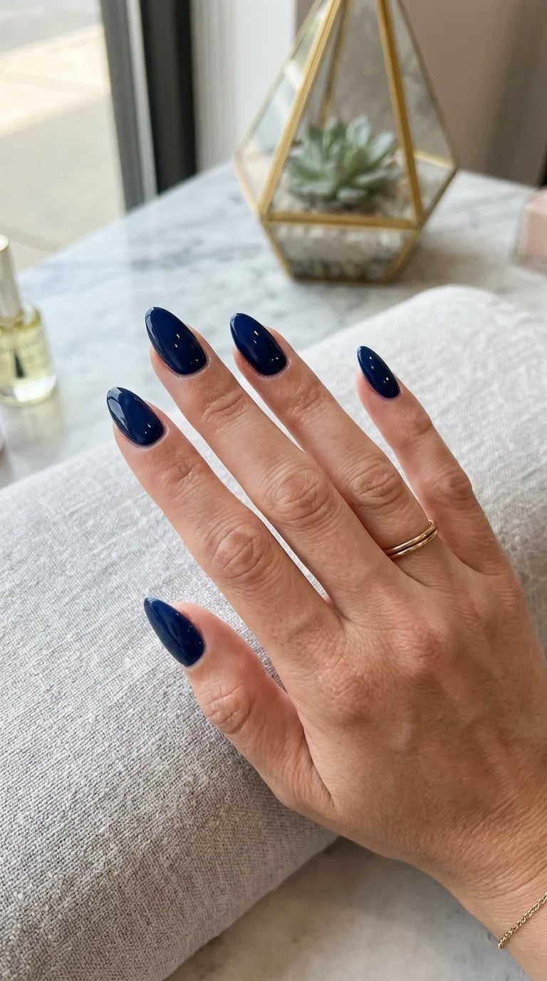 Dark Navy Blue Glossy Medium Almond Nails — Blue Nails