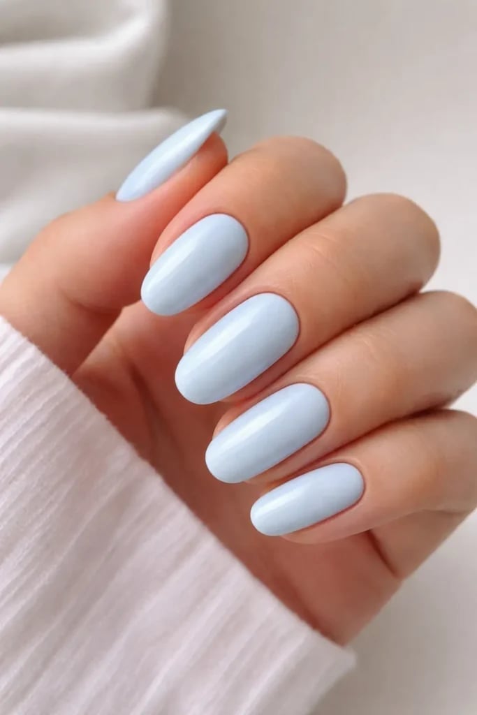 Soft Baby Blue Glossy Short Oval Nails — Blue Nails