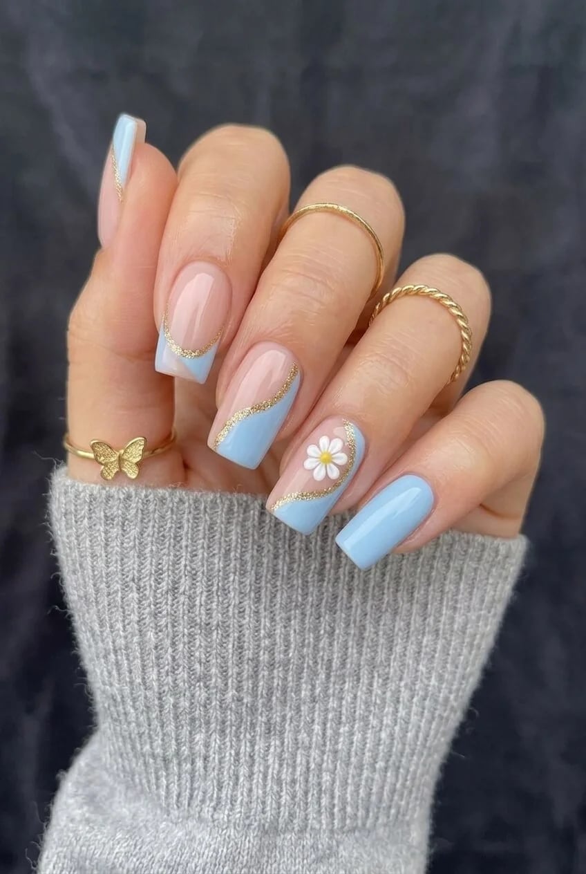 Sheer Pink Light Blue Daisy French Tip Nails — Blue Nails