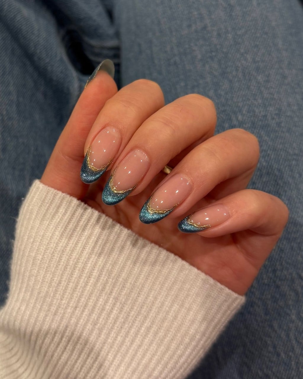 Sheer Pink Long Almond Blue Glitter French Tips — Blue Nails