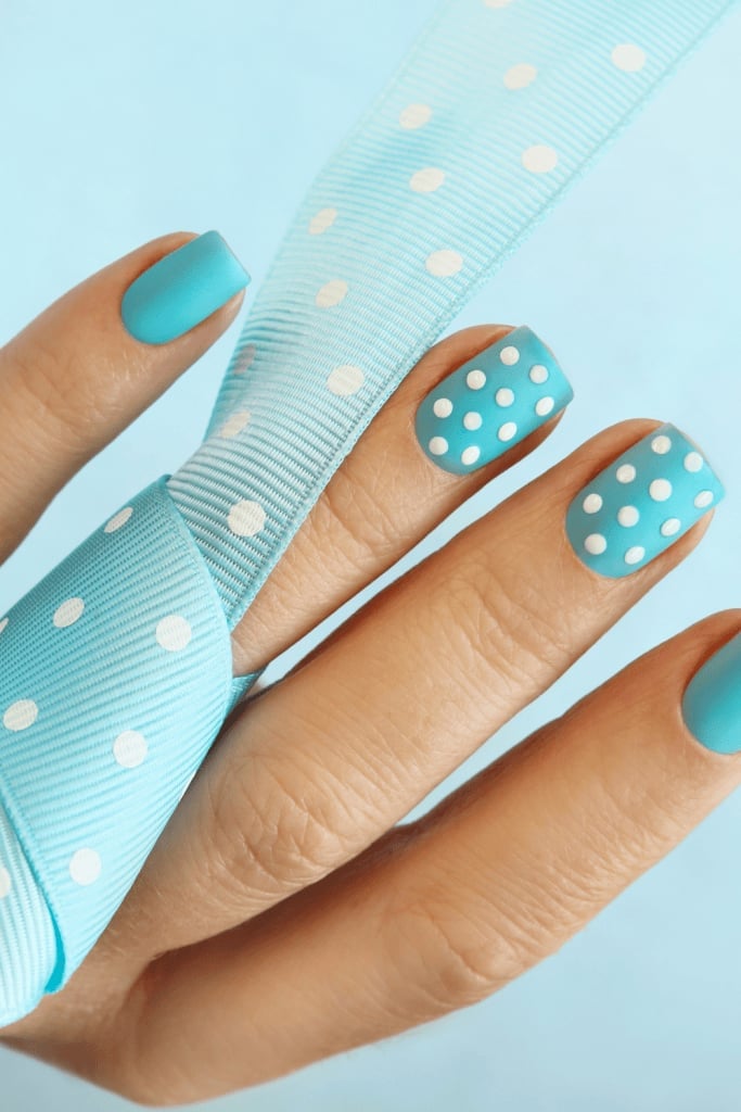 Matte Turquoise White Polka Dot Nails — Blue Nails