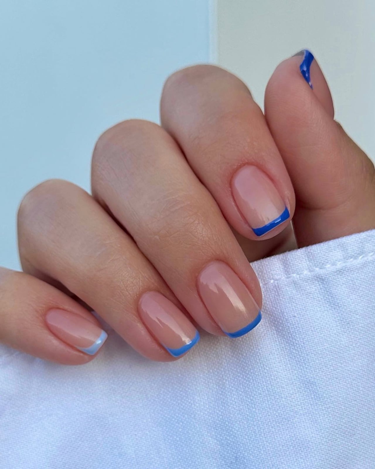 Nude Base Thin Blue French Tip Nails — Blue Nails