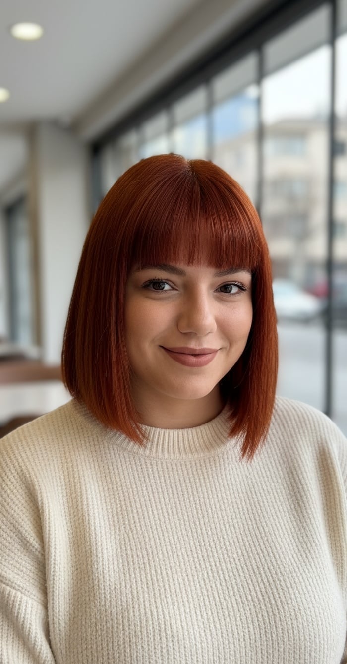 Vibrant Red Bob With Straight Blunt Bangs Vibrant Red Bob With Straight Blunt Bangs