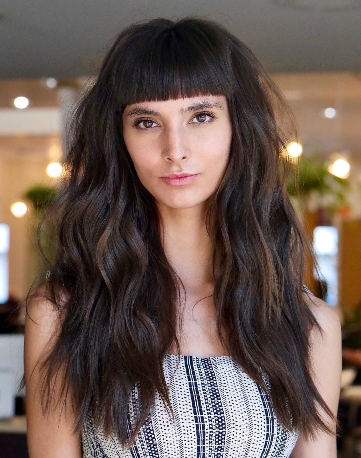 Collarbone Layers With Blunt Bangs and Middle Part, Dark Brown Collarbone Layers With Blunt Bangs and Middle Part, Dark Brown