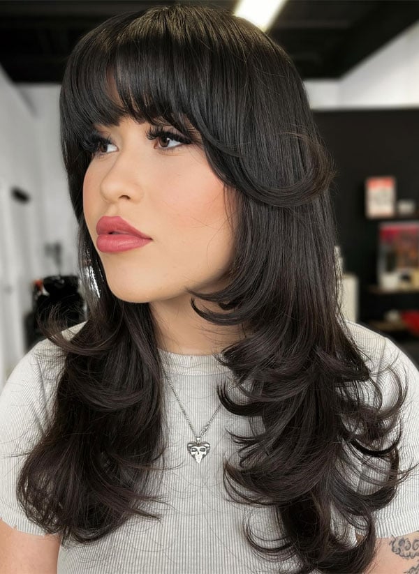 Shag With Voluminous Blowout and Full Blunt Bangs Shag With Voluminous Blowout and Full Blunt Bangs