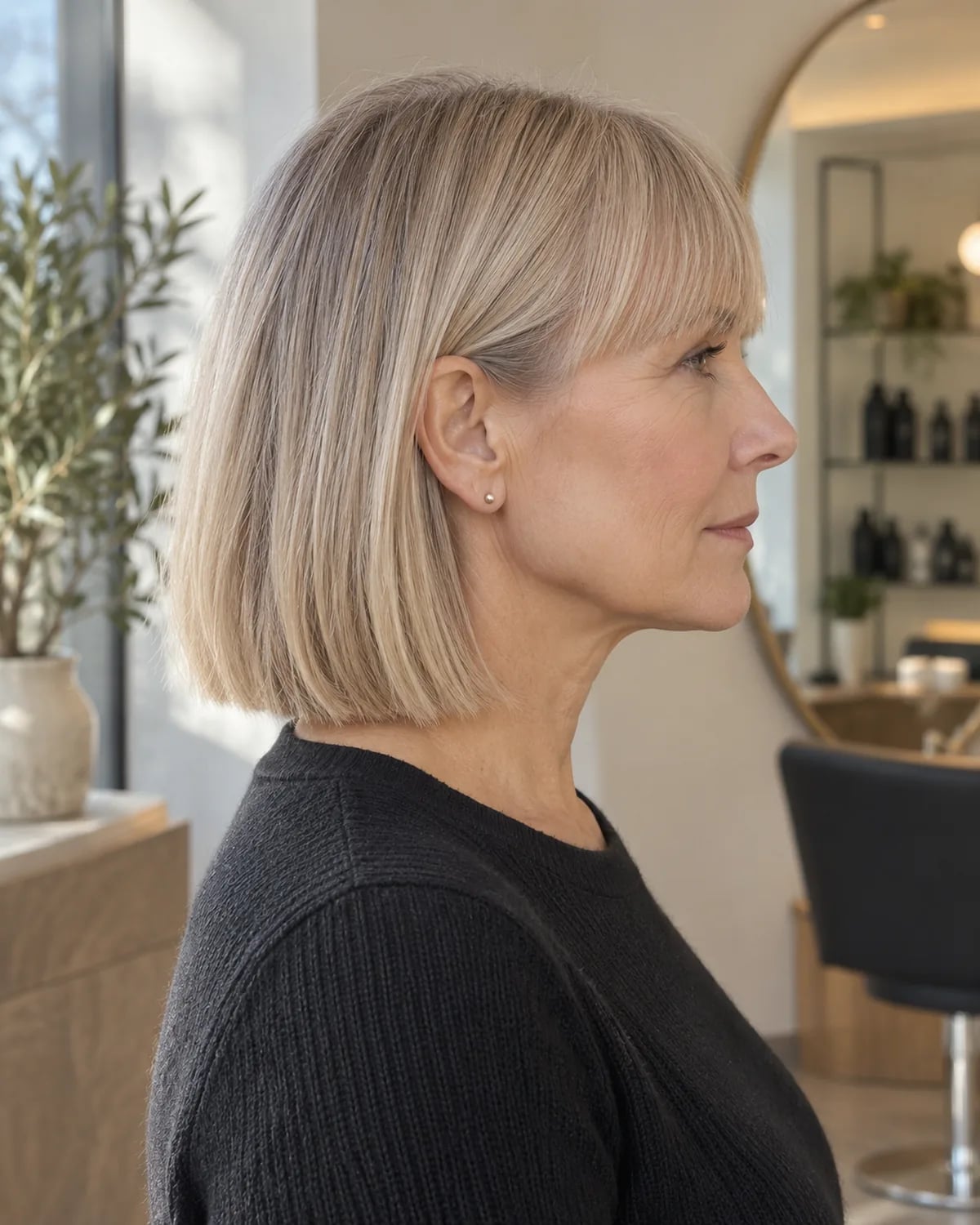 Ash Blonde Bob With Root Shadow and Blunt Bangs Ash Blonde Bob With Root Shadow and Blunt Bangs