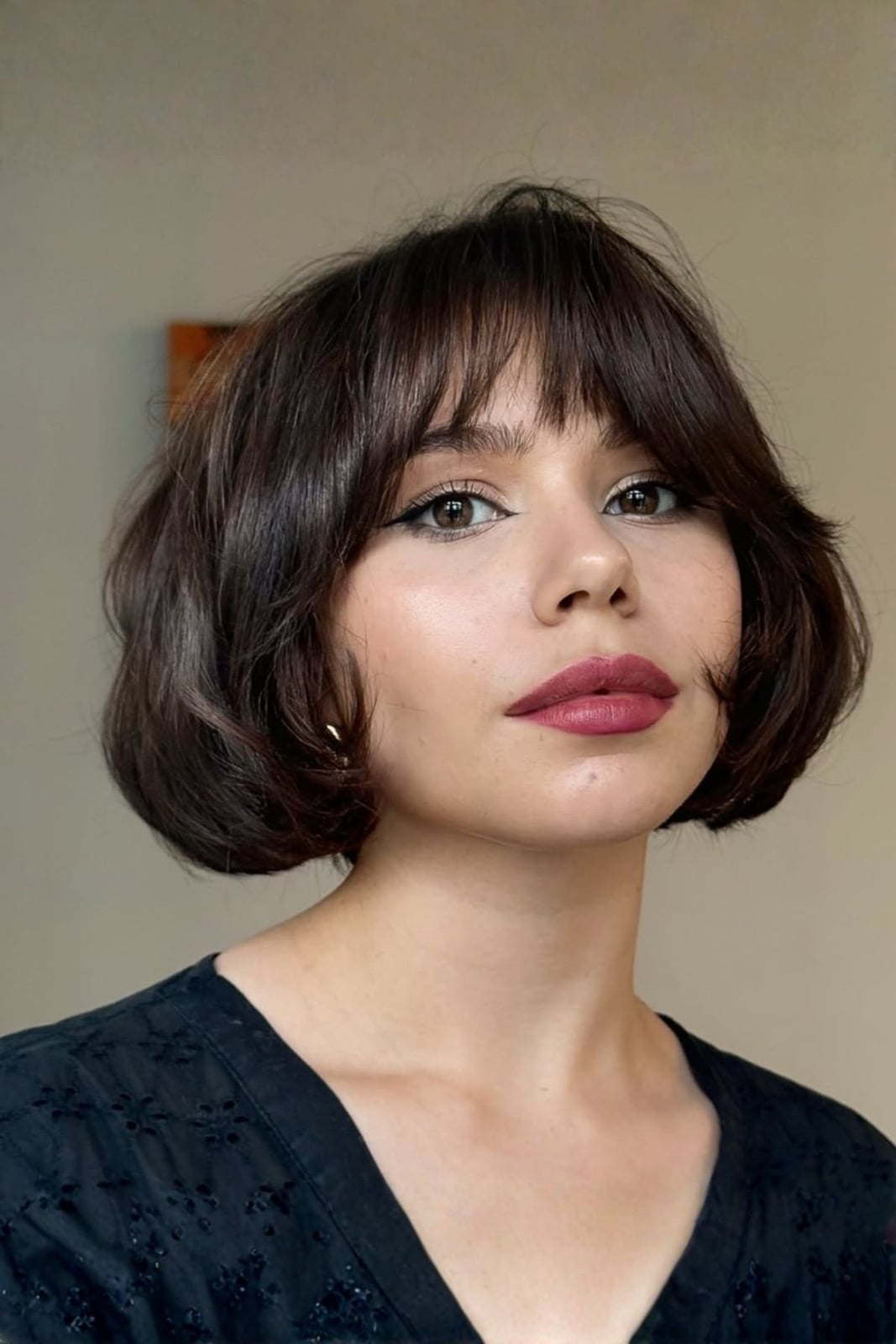 Chin Length Bob With Dark Brown Curtain Bangs Chin Length Bob With Dark Brown Curtain Bangs — Blunt Bob