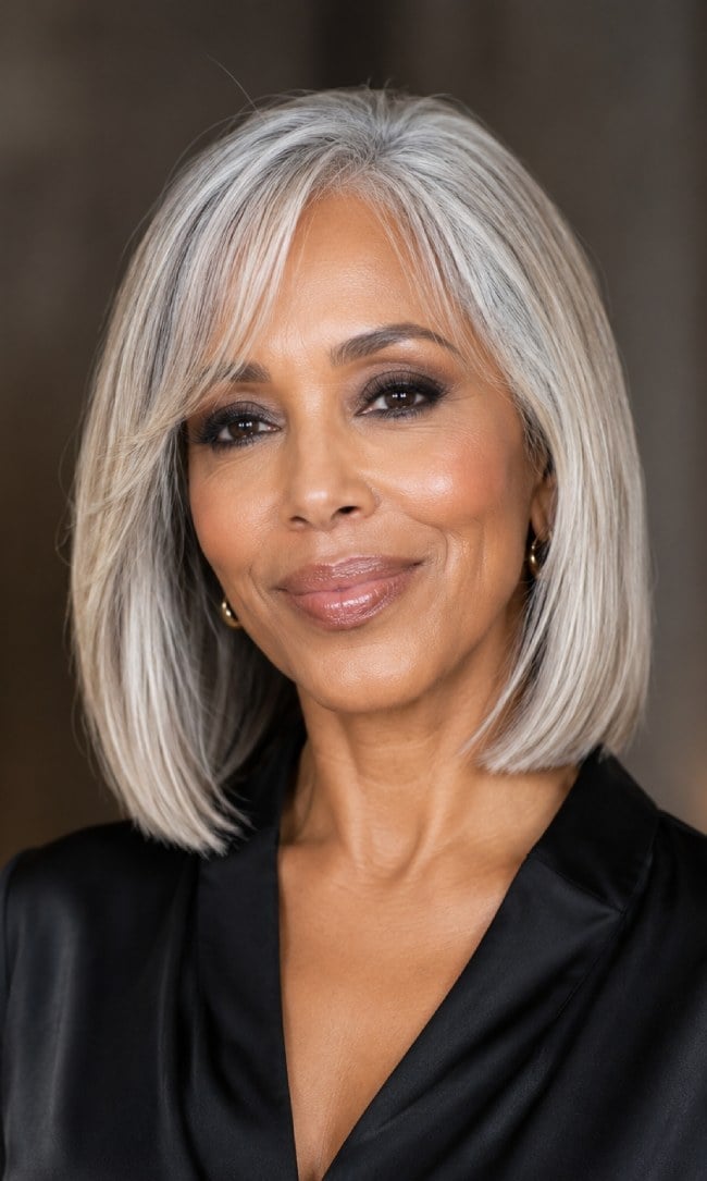Silver Chin Length Bob With Soft Curtain Bangs Silver Chin Length Bob With Soft Curtain Bangs — Blunt Bob