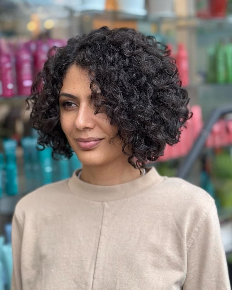 Dark Brown Chin Bob With Curtain Bangs Dark Brown Chin Bob With Curtain Bangs — Bob for Curly Hair