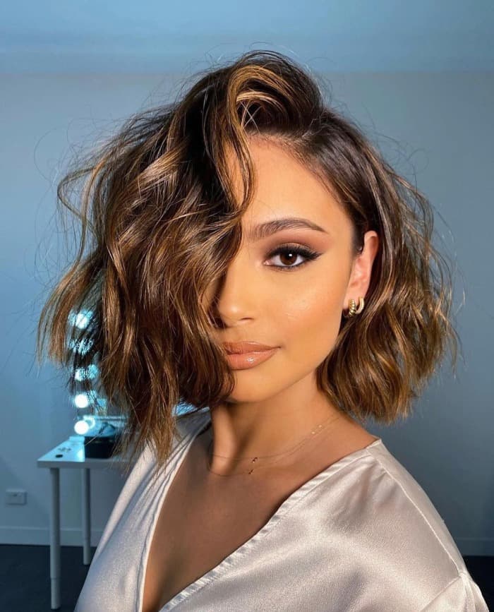 Chin Bob With Layers And Curtain Bangs, Wavy Blowout Chin Bob With Layers And Curtain Bangs, Wavy Blowout — Bob for Curly Hair