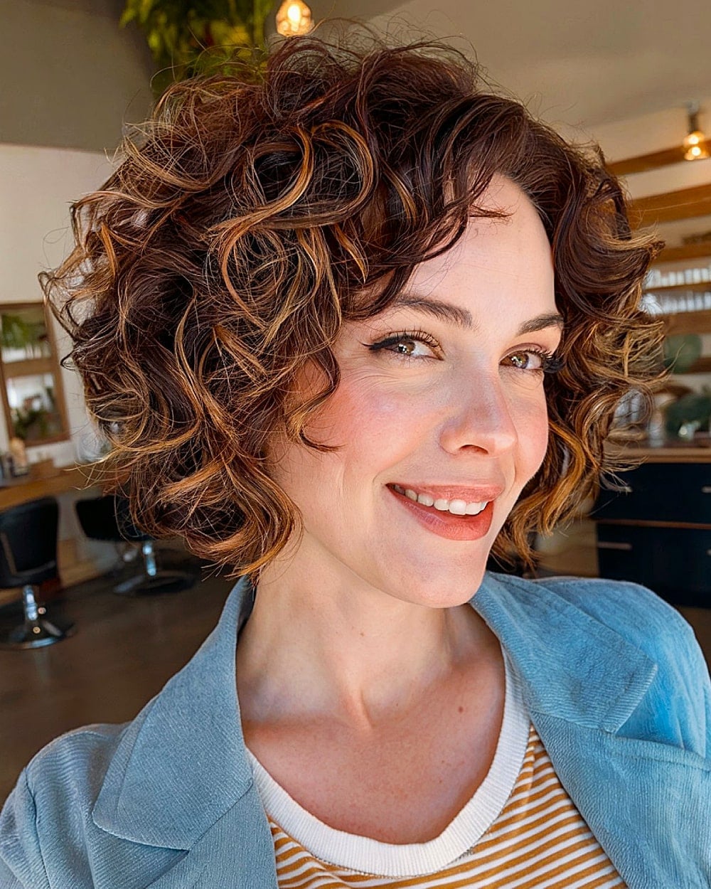 Chin Length Bob With Honey Highlights And Curtain Bangs Chin Length Bob With Honey Highlights And Curtain Bangs — Bob for Curly Hair